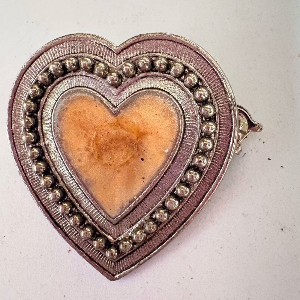 Vintage Silvertone Heart Brooch with enamel center